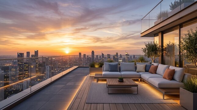Contemporary penthouse balcony featuring a gray sectional sofa and wooden table overlooking a glowing metropolis at dusk. Ideal for luxury real estate marketing.