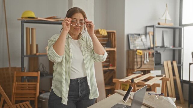 Woman carpenter adjusts glasses and crosses arms beside stacked wood planks and tools on a worktable in a studio; pride craftsmanship.