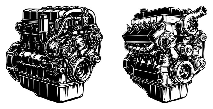 Detailed car engine set for automotive industry and mechanical repair, internal combustion motor parts illustration