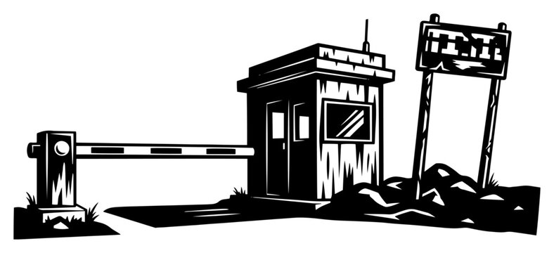 Security checkpoint with guardhouse and barrier arm, industrial entrance or border crossing control point illustration