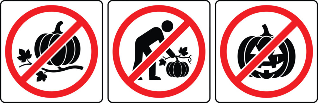 Restricted Pumpkin Harvesting Prohibition Icon Set, Red Farm Safety Sign Vectors on White
