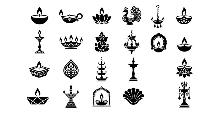 Set of traditional diwali diya oil lamp icons featuring a halloween pumpkin jack o lantern carved pumpkin face isolated on transparent background
