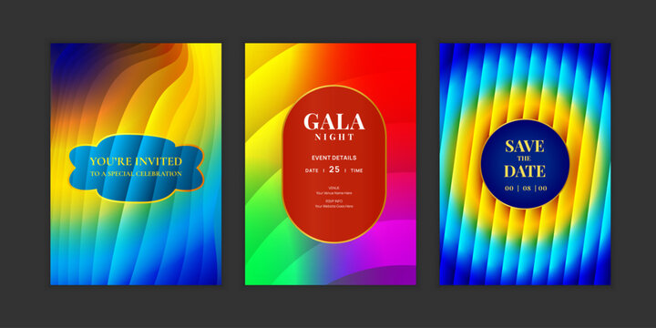 Vibrant multi color gradient gala invitation card set vector. Modern abstract fluid wave templates for wedding, party, corporate event, VIP celebration and formal night design