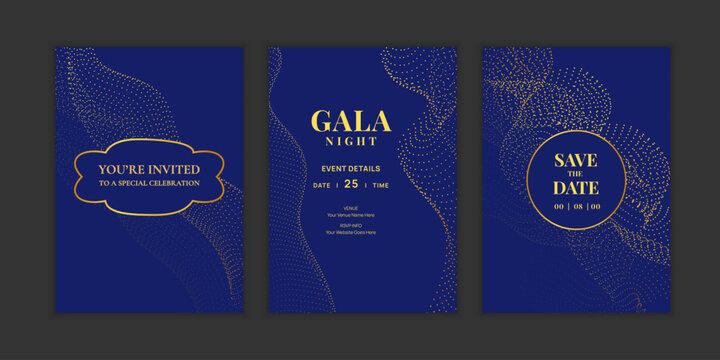 Luxury blue and gold gala invitation card set vector. Abstract particle wave line templates for wedding, party, corporate event, VIP celebration and formal night design.