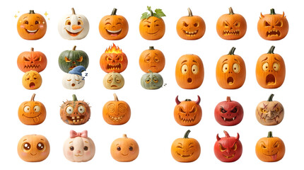 Naklejka premium A collection of various halloween pumpkin jack o lantern carved pumpkin face decorations for a spooky glowing pumpkin isolated on transparent background
