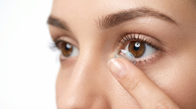 Woman inserting contact lens into eye. Healthcare, vision care, ophthalmology, personal hygiene, beauty.