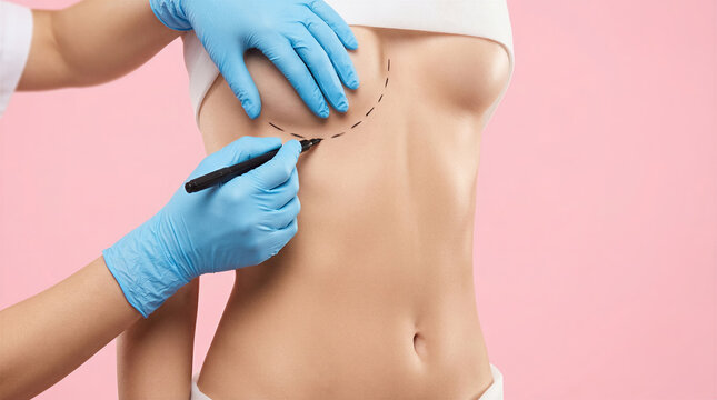 Medical professional marking surgical line on patient s abdomen. Cosmetic surgery, plastic surgery, body contouring, healthcare.