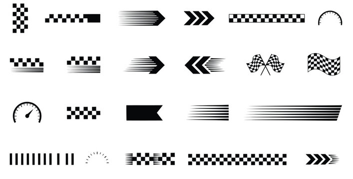 Racing and speed vector icon set with checkered flags, speedometer gauge, motion lines and directional arrows, flat black graphic elements for motorsport, automotive and sports branding designer pack