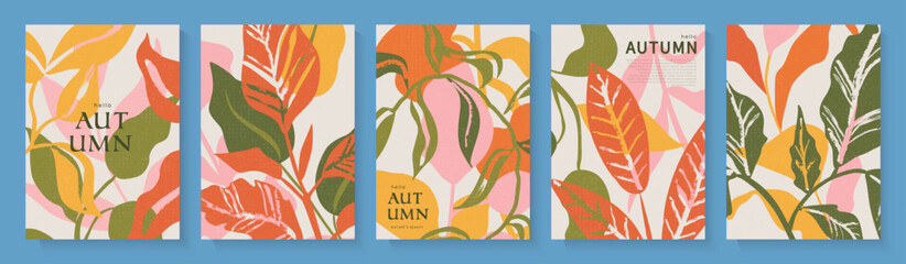 Fototapeta premium Set of autumn card designs in modern flat style with grainy texture. Featuring stylized leaves and branches for seasonal design, greetings and home decor. Vector illustration.