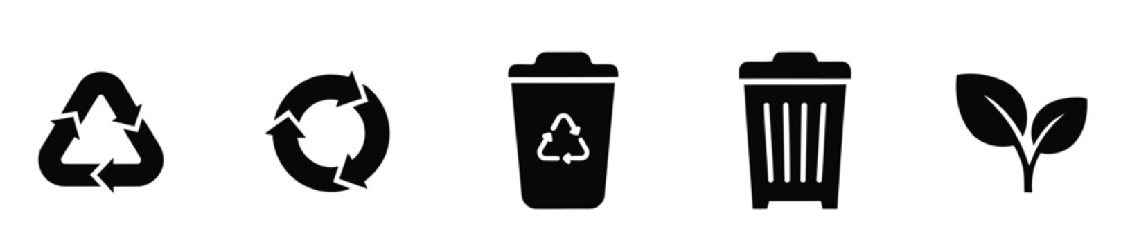 Recycling and sustainability vector icon set with recycle triangle, circular arrows, recycle bin, trash can and leaf sprout, flat black glyph symbols for eco friendly and environment app UI designers