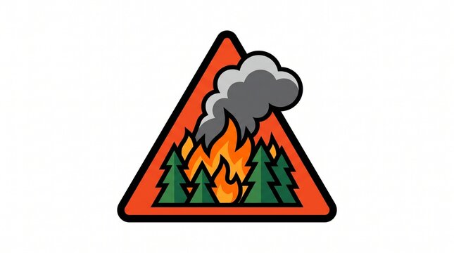 Wildfire warning sign with bear and flames in red triangular alert symbol for safety campaigns