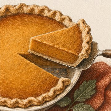 A golden pumpkin pie with one slice lifted out, coloured pencil illustration, deep russet, cream and forest green