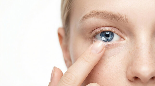 Woman inserting contact lens into eye. Healthcare, vision care, optometry, personal hygiene, beauty industry.