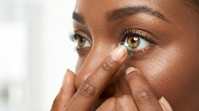 Woman inserting contact lens into eye. Healthcare, vision care, personal hygiene, daily routine, beauty.