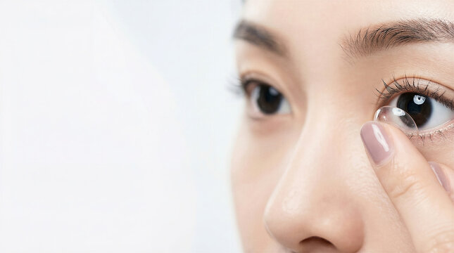 Woman inserting contact lens into eye. Close-up, beauty, healthcare, personal care, vision correction.