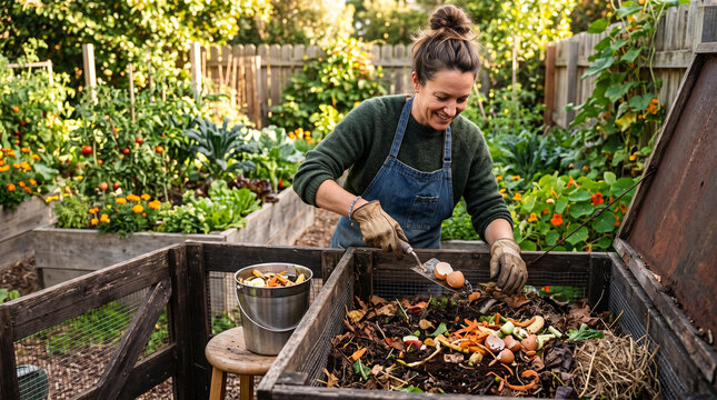 Woman working in a compost bin in a vibrant garden  