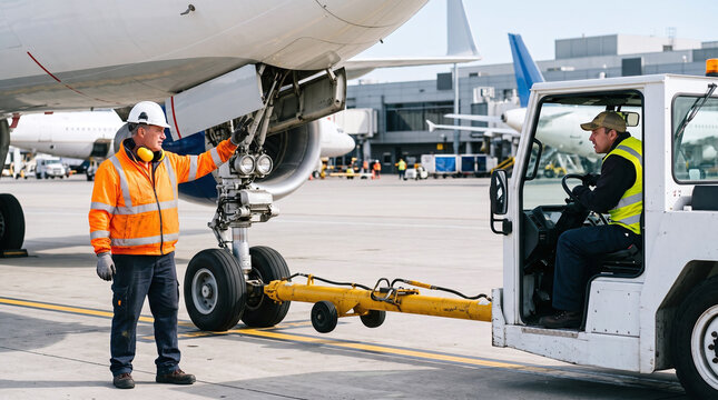 Airport ground crew technician signaling tug driver during aircraft pushback