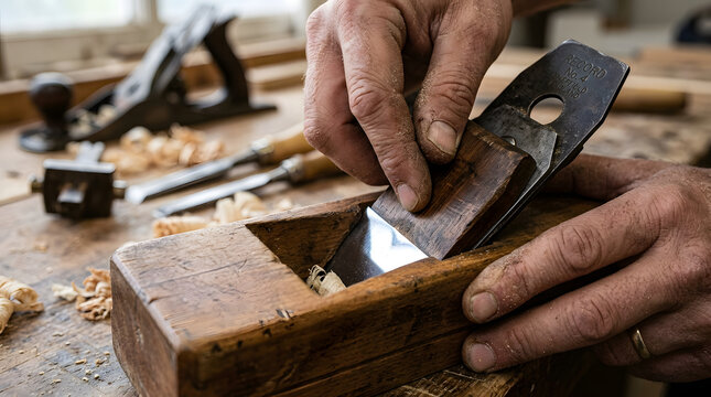 Hand plane shapes a block of wood on a cluttered workbench inside a traditional carpentry shop.