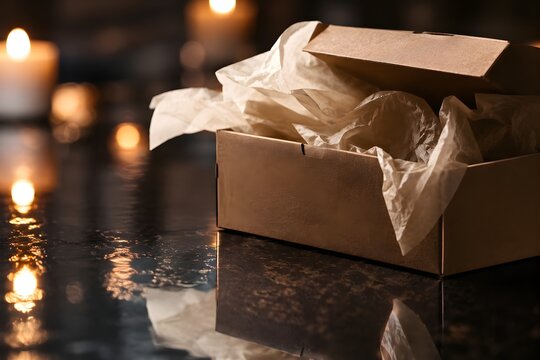 A delivery box being opened, tissue paper spilling out, photo, warm kraft brown and deep charcoal