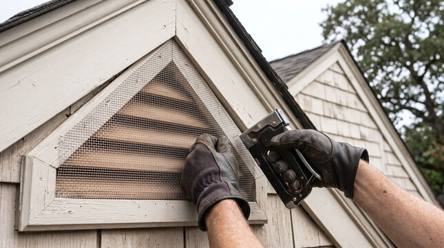 Worker installing ember mesh wire screen on a house gable vent with a staple gun