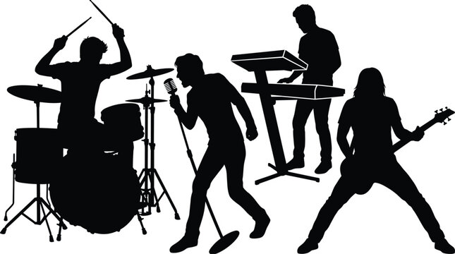 Dynamic Live Music Band Silhouettes Featuring Singer Guitarist Drummer and Keyboard Player Performing On Stage
