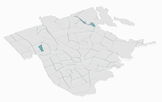 Isometric 3d rendering map model of The Bronx borough New York City displaying administrative district sectors and water reservoirs isolated on white.