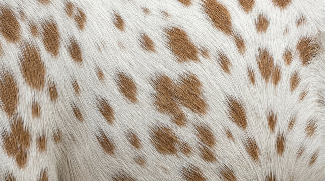 Close-up of white fur with brown spots. Animal texture, pattern background, fashion design, textile industry.