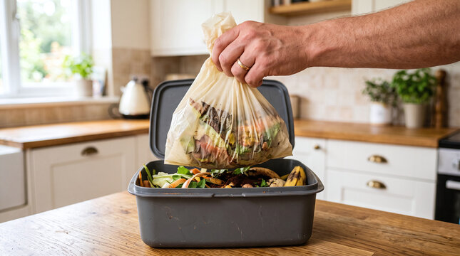 Man holding a compostable food waste bag over a kitchen caddy on the counter