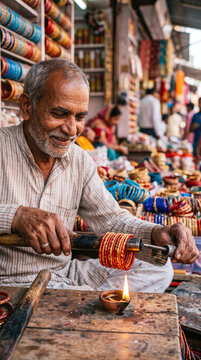 Skilled Indian artisan crafting traditional red lac bangles over open flame