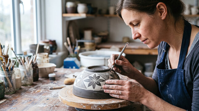 Female potter carving intricate floral sgraffito patterns on a clay bowl