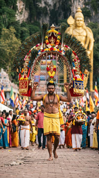 Devotee carrying an ornate kavadi during Thaipusam festival at Batu Caves