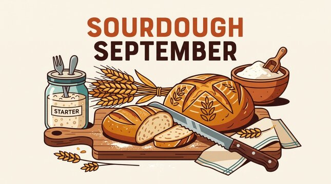 Sourdough September banner with sliced artisan bread on cutting board and wheat stalks