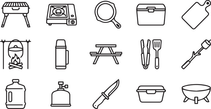 Outdoor camping cooking equipment and barbecue line icon set for picnic, campfire, preparation, and adventure concept