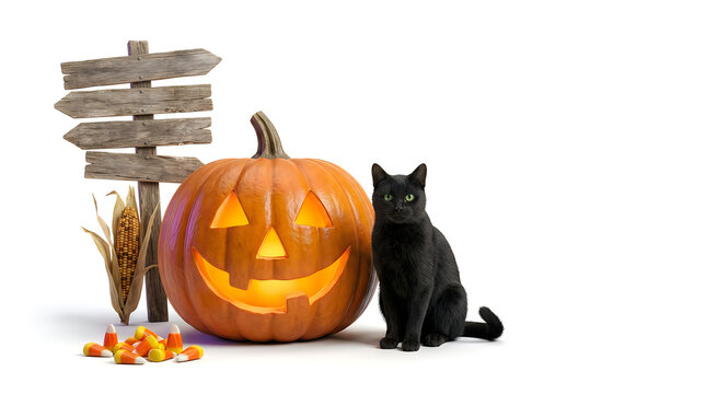 Halloween jack-o-lantern with black cat and wooden sign. Spooky pumpkin lantern, autumn harvest decor, festive holiday composition on white. Halloween