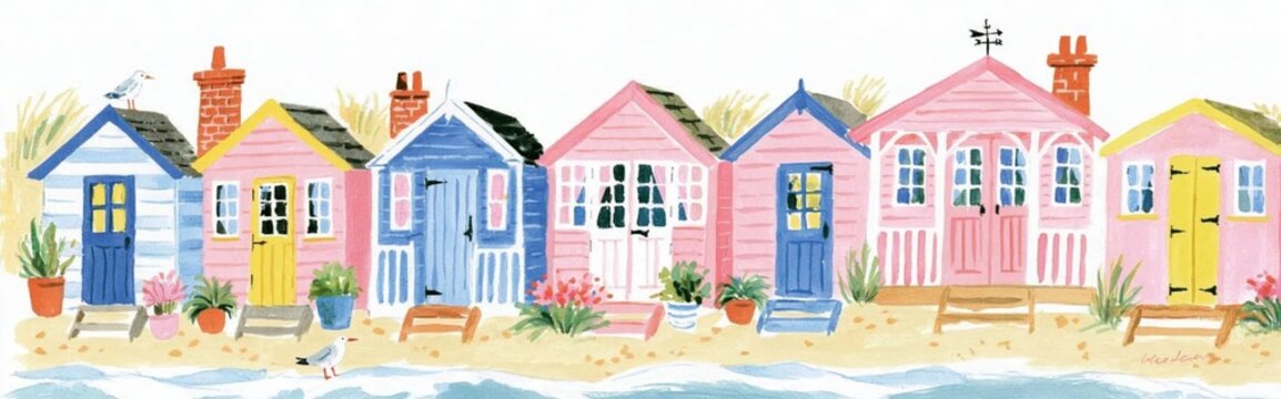 colourful wooden beach houses in line in front of beach hand drawn in gouche style 