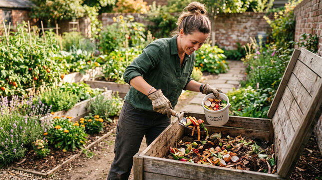 Woman adding compost to a bin in a vibrant organic garden  
