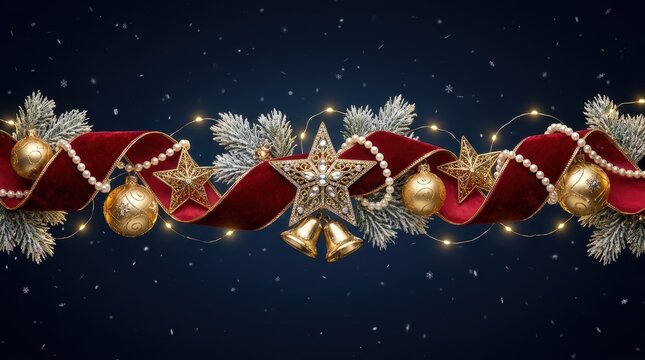 Christmas holiday background garland with red ribbon, golden stars, baubles, ornaments, bells and fairy lights on dark blue night sky with snow