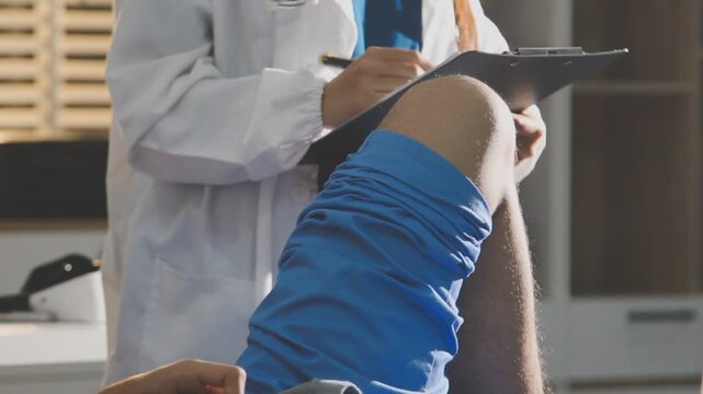 Physical therapist performing ankle examination on patient in clinic