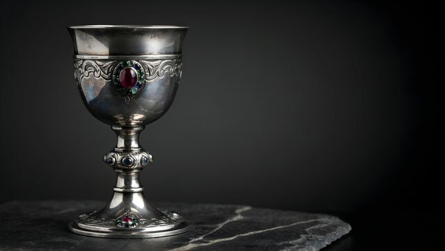 Ornate silver goblet with red gemstone on dark stone background, elegant antique drinkware