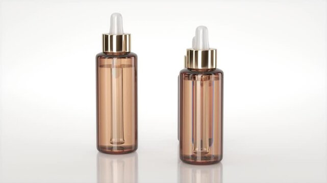 Realistic clear amber glass cosmetic dropper bottles rotating on white background. As the amber dropper bottles spin, they turn colorless and then amber again. 3d animation loop