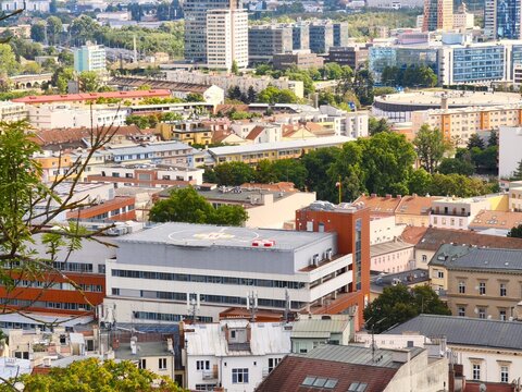 Hospital building with rooftop helipad for rescue helicopters in Brno