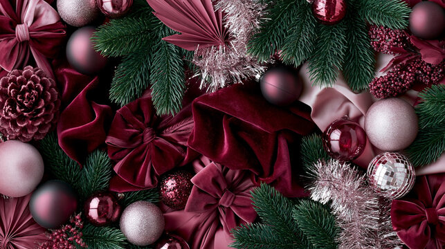 Luxurious christmas background with burgundy velvet bows, pink ornaments, evergreen branches and shimmering tinsel in elegant festive arrangement