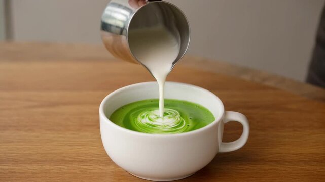 Creamy milk pouring into vibrant green matcha latte inside white ceramic mug motion clip.