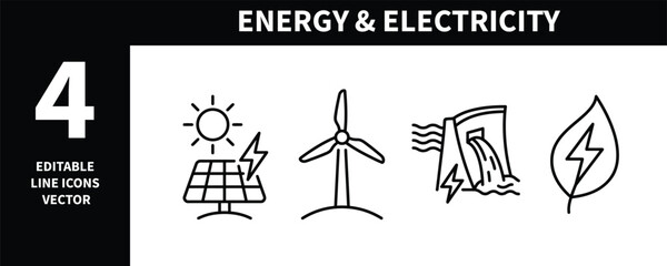 Fototapeta premium Set of four simple line icons representing renewable energy sources including solar wind hydro and green power