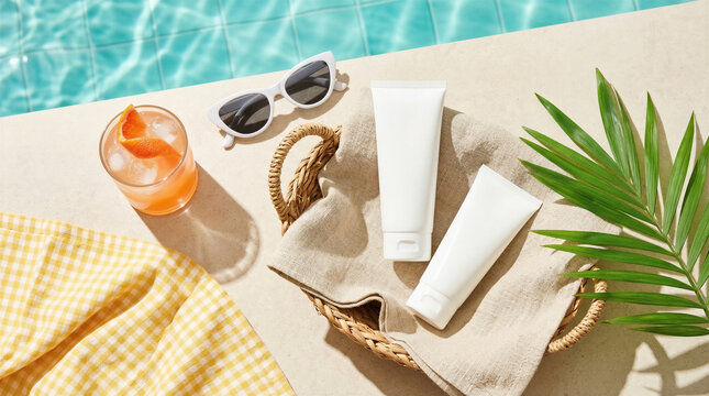 Sunscreen tubes on towel beside pool with sunglasses and cocktail. Beach vacation, skincare, summer beauty, resort.