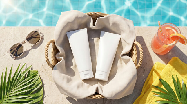 Two white sunscreen bottles in wicker basket by poolside. Sunglasses, tropical leaves, orange drink, towel. Beach vacation, skincare, summer resort.