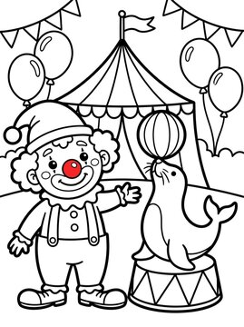 Happy clown with sea lion at circus with balloons and tent