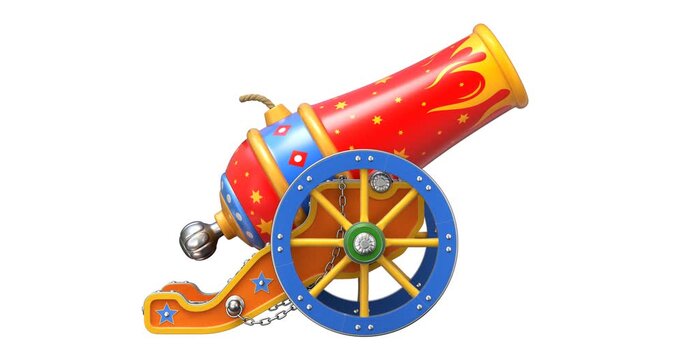 Ancient circus cannon moves on a white background. - 3D repeatable animation