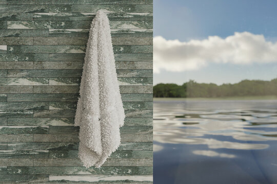 3D Rendering of Vals Quartzite Wall Tiles next to a Panoramic Window with View to a Lake