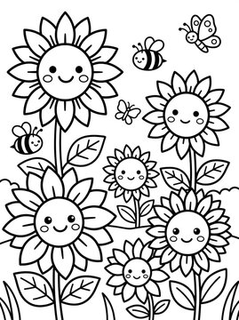 Cheerful Sunflowers with Smiling Faces, Bees, and Butterflies